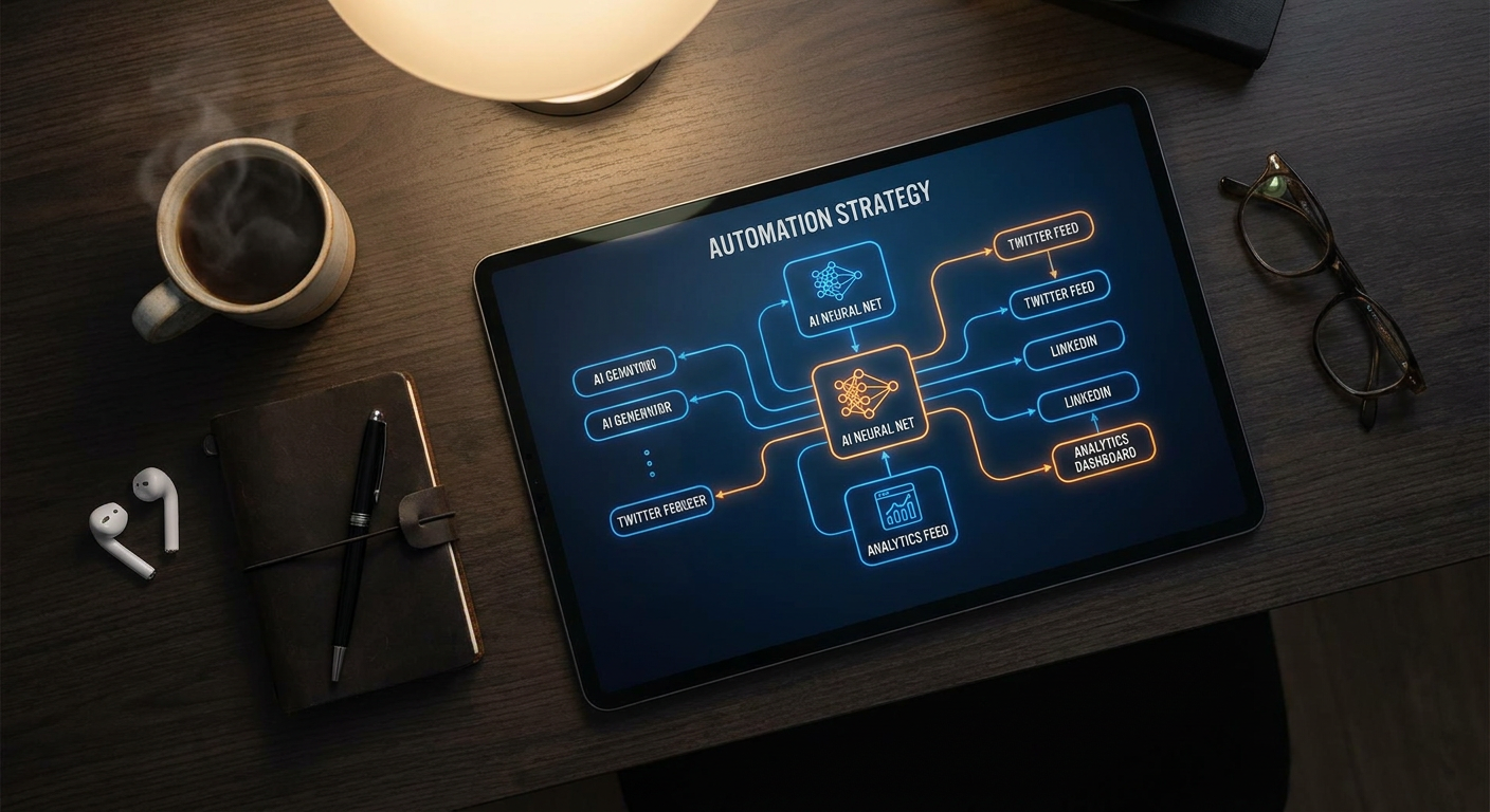 Sleek modern workspace displaying a complex automation flowchart connecting AI neural network nodes to social media feeds