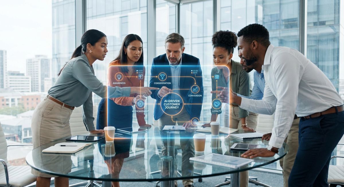Team mapping an AI-generated customer journey using artificial intelligence marketing automation software