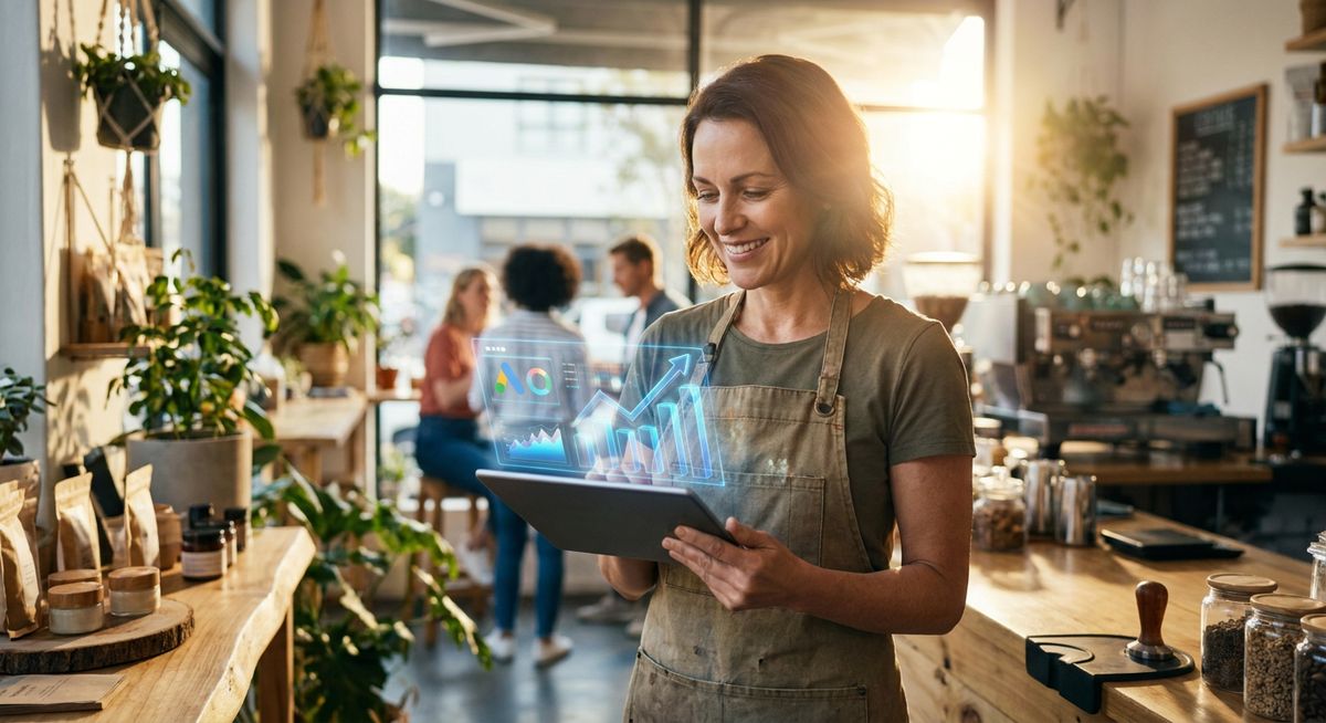Local business owner successfully using AI Google Ads dashboard on a tablet