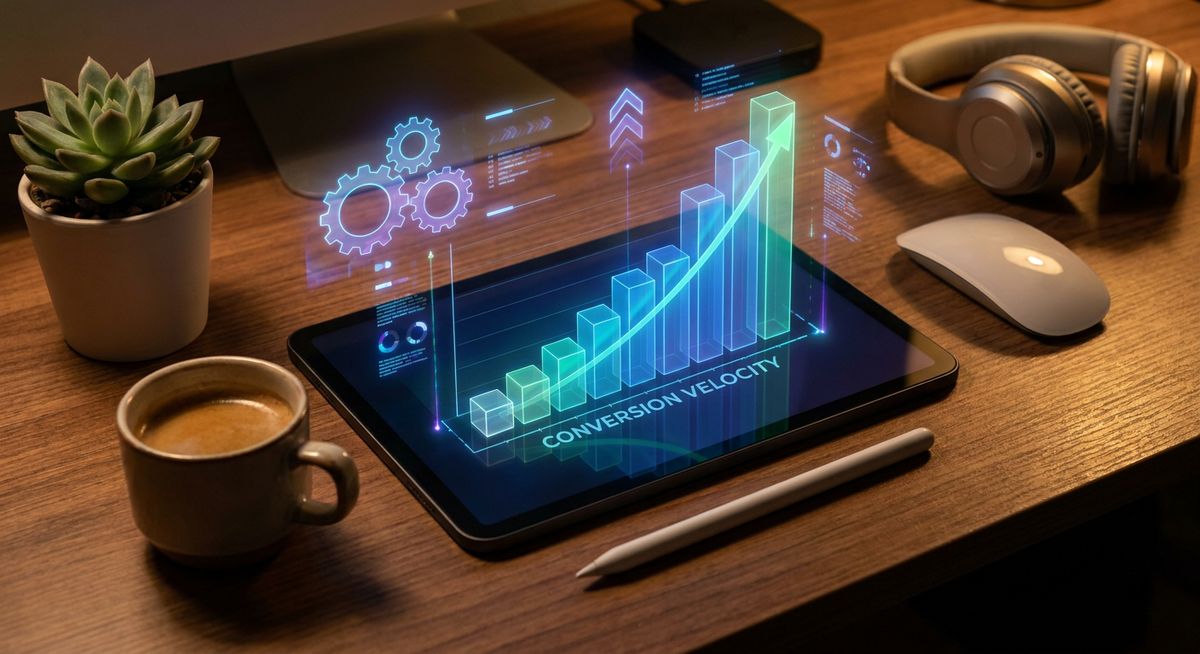 A modern marketing professional's desk displaying conversion velocity and automated business growth analytics