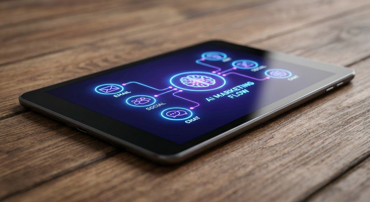 Futuristic AI marketing dashboard highlighting automated workflows