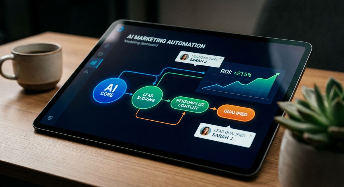Advanced AI marketing automation workflow dashboard on a modern tablet