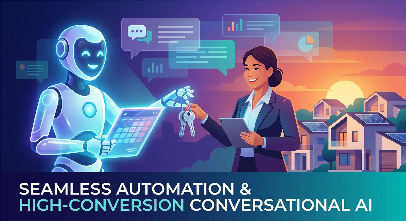 Futuristic AI agent handing keys to a real estate broker representing high-conversion conversational AI