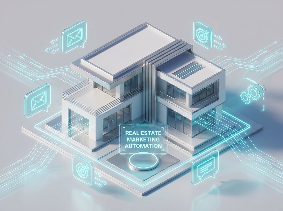 3D illustration of a modern luxury smart home surrounded by glowing digital networking lines and real estate marketing automation UI elements