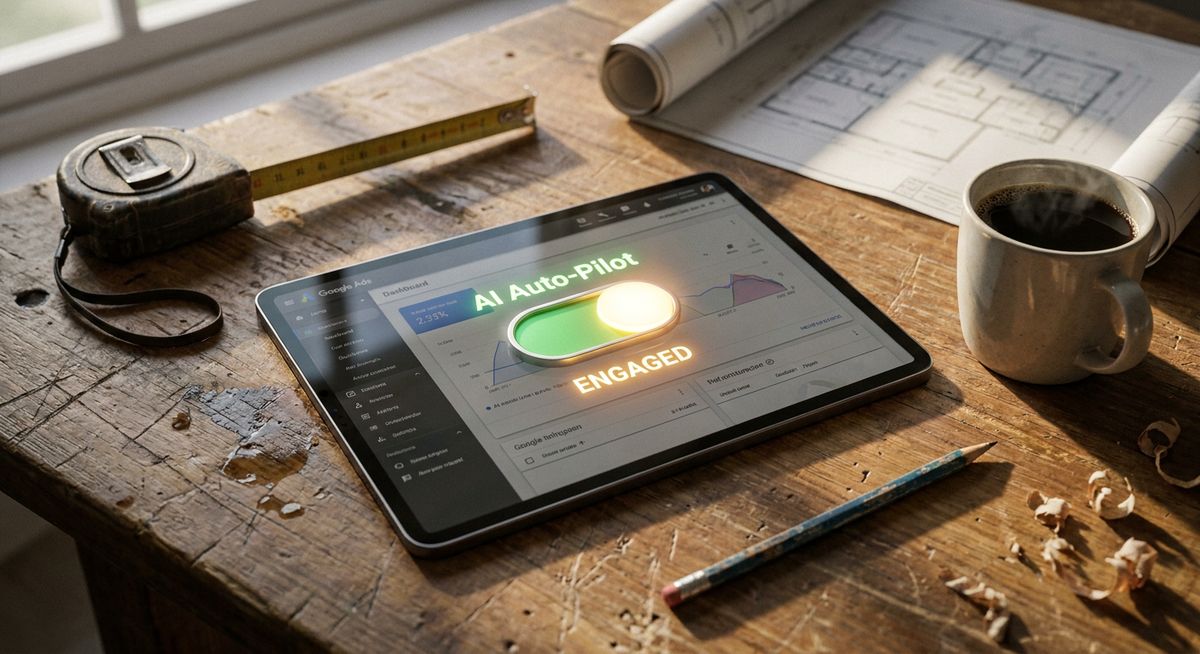 AI Auto-Pilot Google Ads dashboard on a tablet in a local workshop