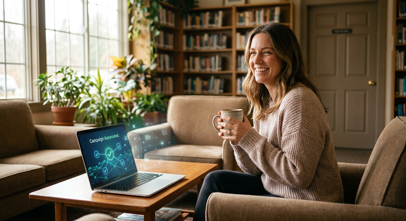 Smiling counselor working efficiently on a laptop with automated marketing software