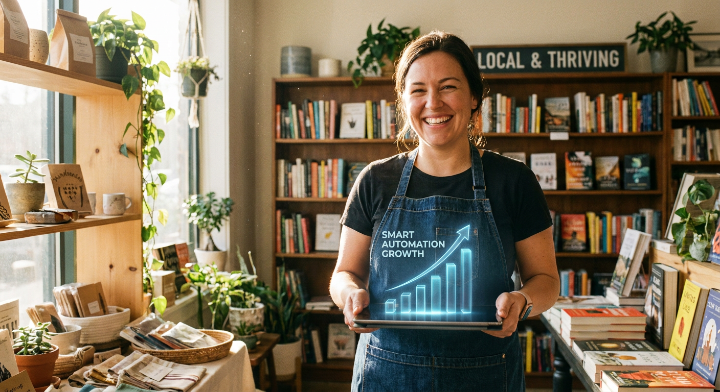 Small business owner reviewing automated marketing growth charts on a tablet