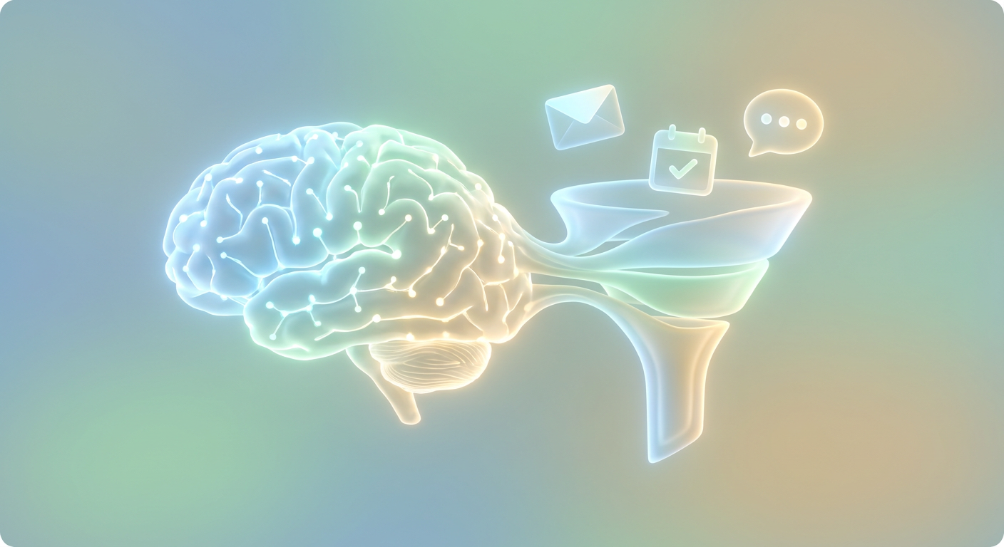 Conceptual 3D illustration of artificial intelligence glowing brain and digital marketing funnel for healthcare