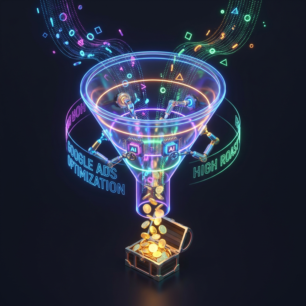 3D isometric illustration of a glowing marketing funnel optimizing Google Ads data streams