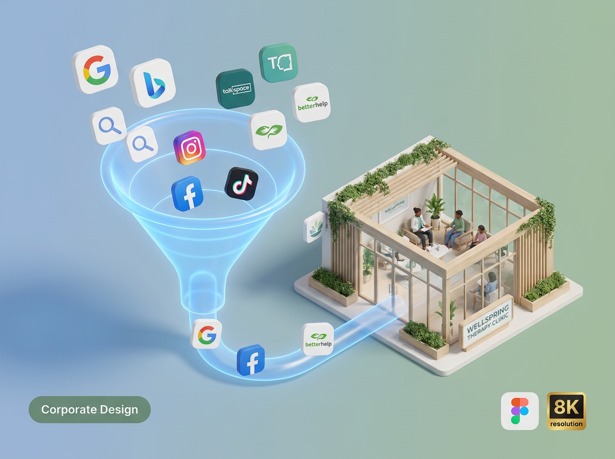 3D isometric illustration of digital marketing automation for mental health professionals