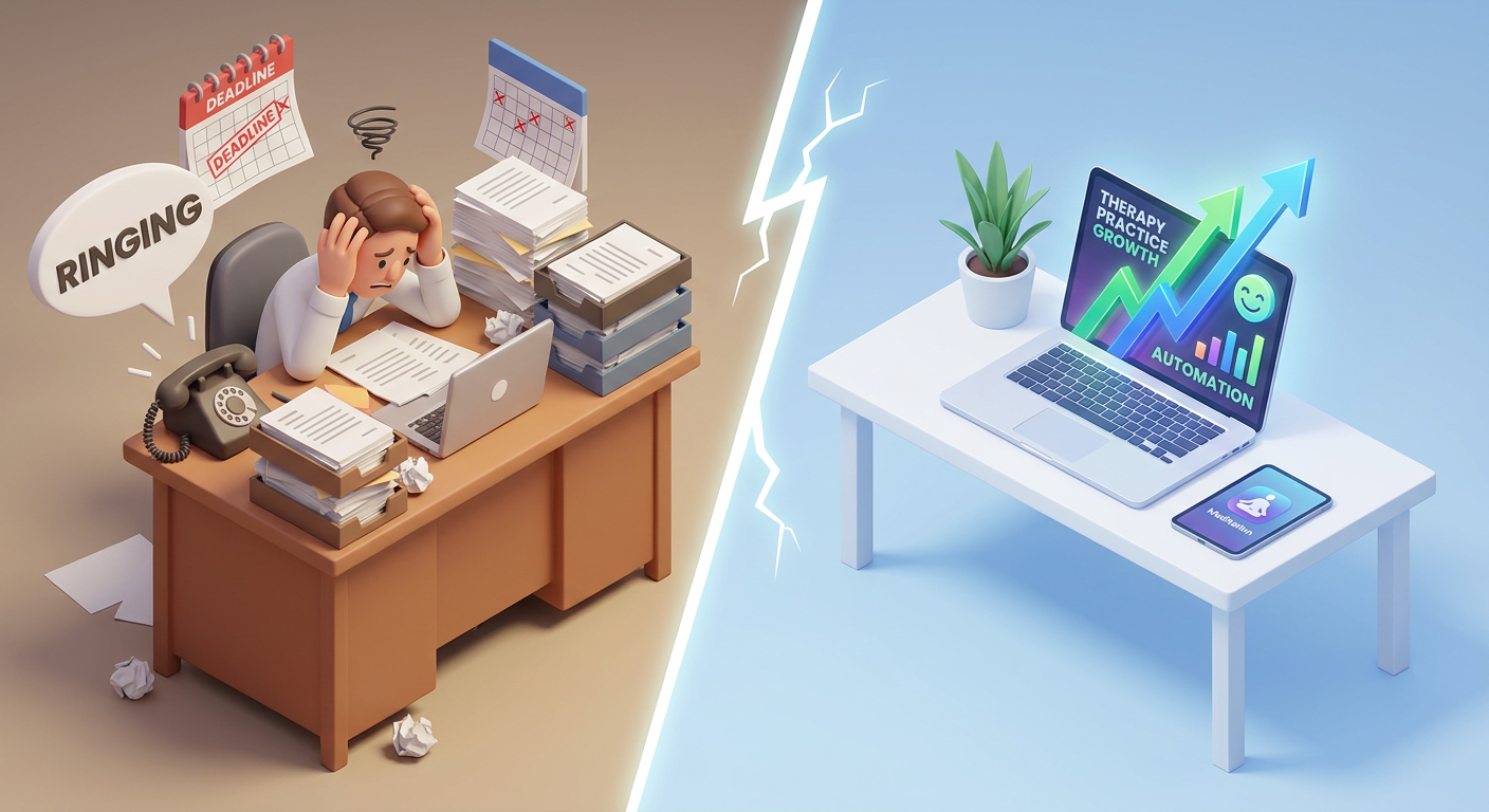 A split scene showing a stressed therapist at a cluttered desk versus a relaxed therapist utilizing AI marketing automation with upward trending graphs.