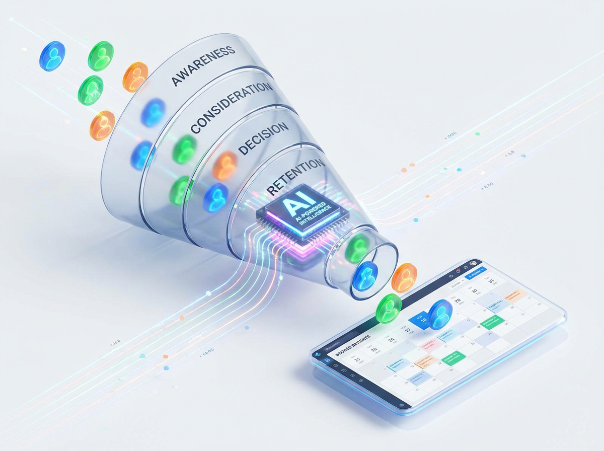 A highly detailed 3D isometric illustration of a digital marketing funnel for healthcare. Glowing, colorful digital avatars representing patients move smoothly through a sleek, transparent funnel powered by an illuminated artificial intelligence microchip at the center, finally landing onto a neatly organized digital calendar interface on a clean white background.