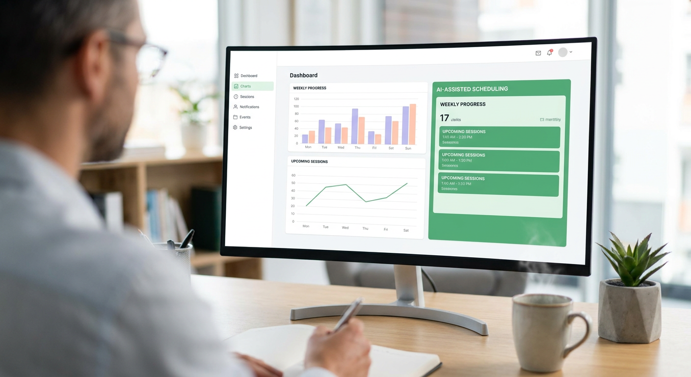 Therapist looking at a modern desktop monitor displaying automated scheduling blocks