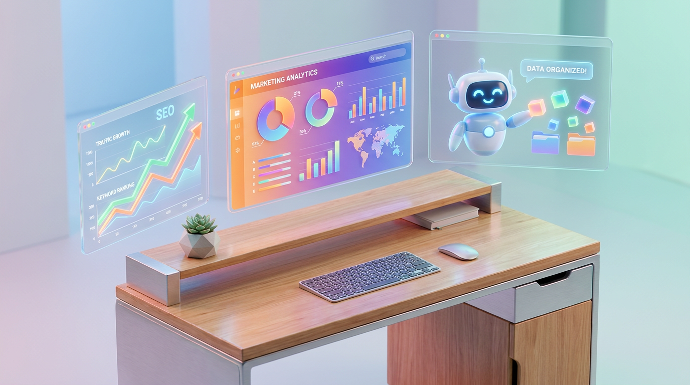 Detailed isometric 3D render of a modern minimalist desk featuring floating holographic computer screens
