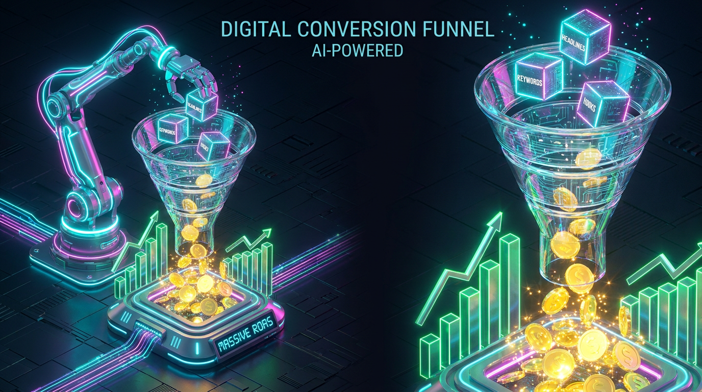 A dynamic 3D isometric illustration of an AI digital marketing conversion funnel