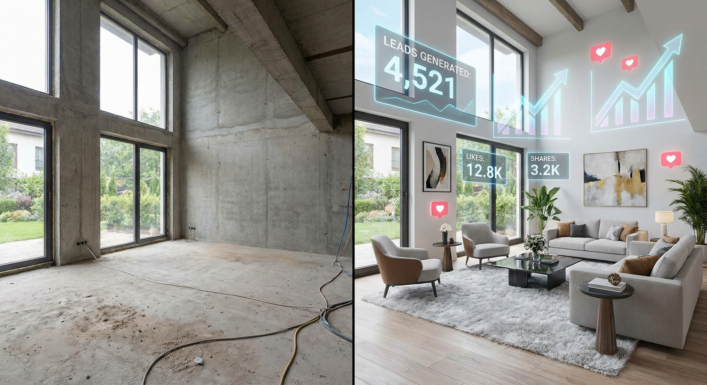 Split screen showing empty living room and AI virtual staged room with holographic lead metrics