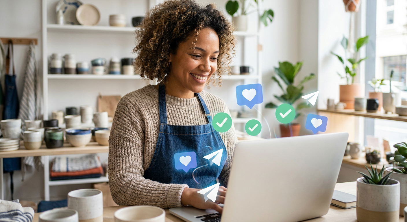 Diverse small business owner smiling confidently using AI marketing automation tools