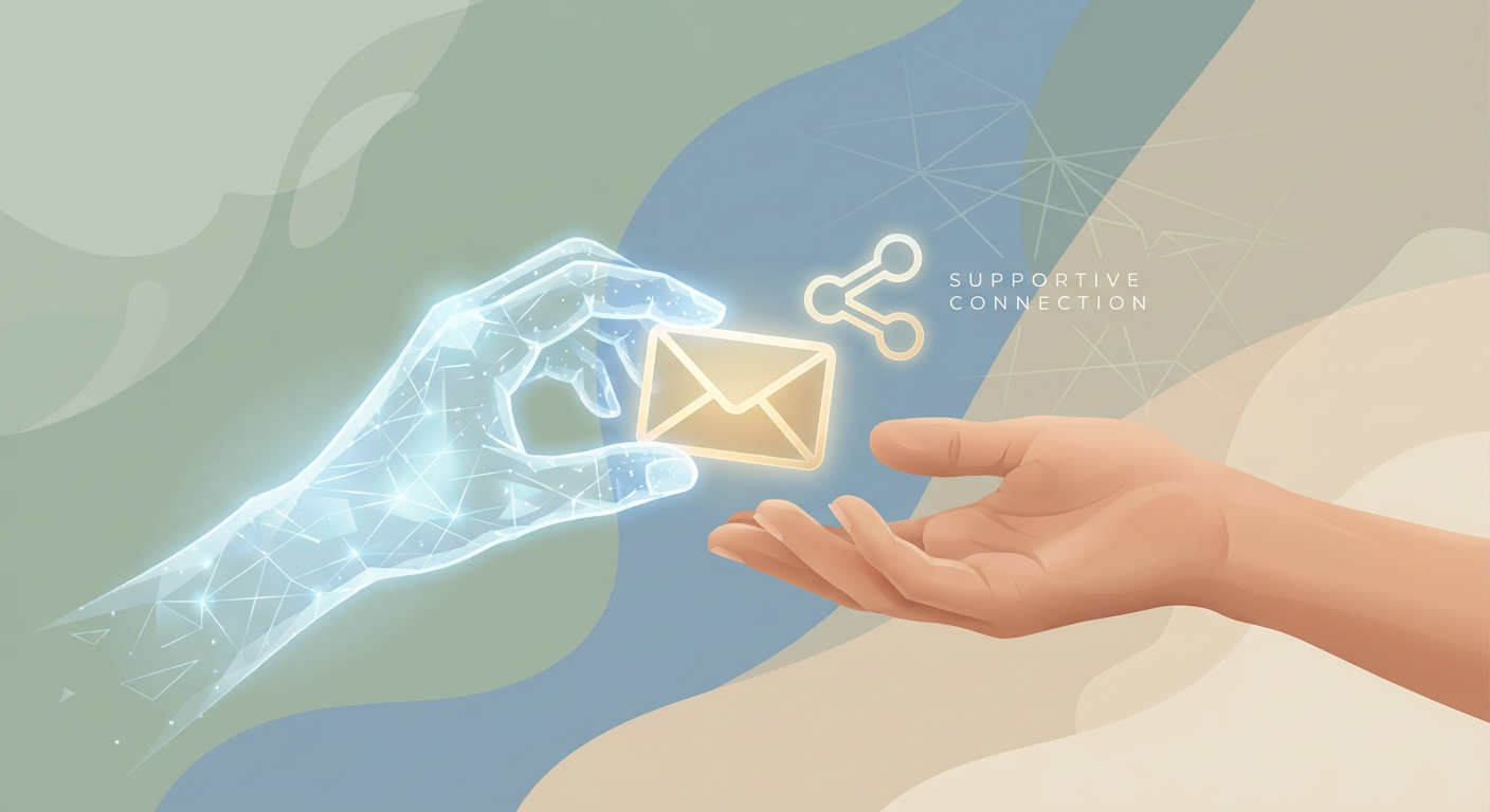 A conceptual digital illustration showing a glowing AI hand passing social media icons to a warm human hand, representing mental health marketing automation.