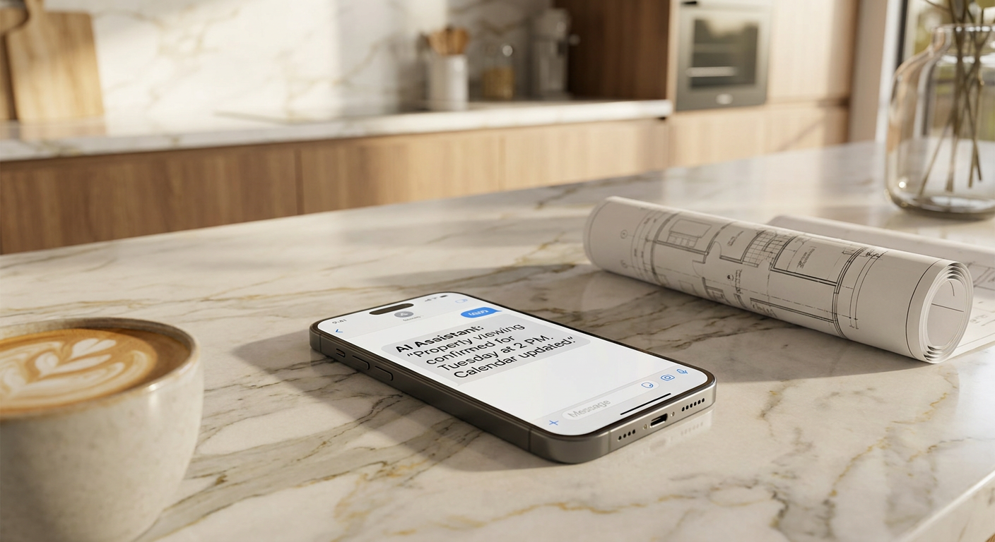 Smartphone displaying AI real estate chatbot booking an appointment on a marble kitchen counter