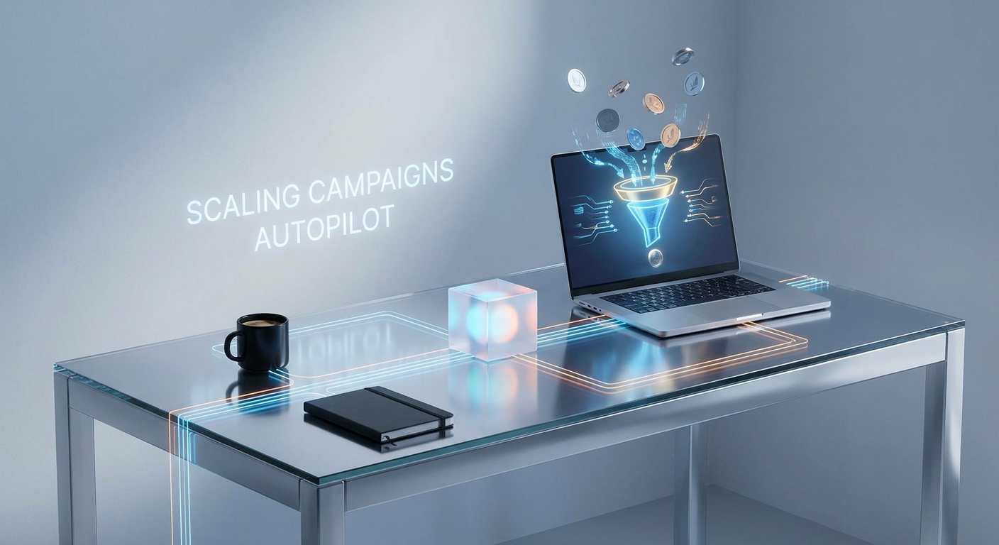 A sleek workspace symbolizing marketing campaigns scaling on autopilot using AI.