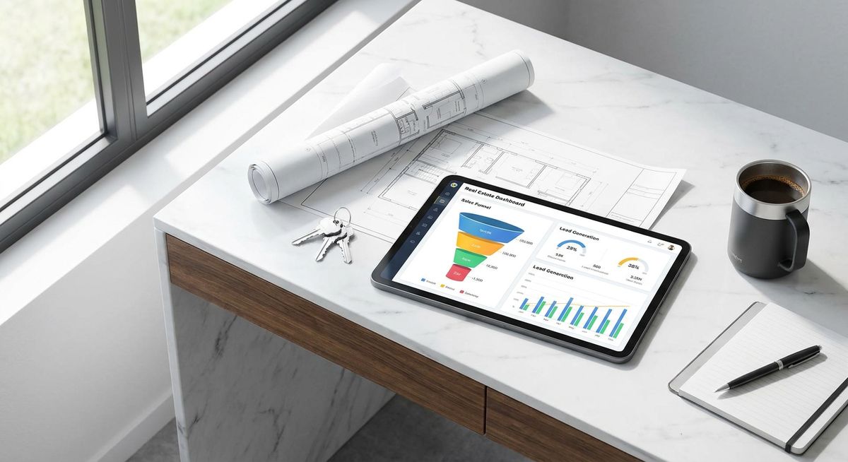 High-tech real estate marketing dashboard displaying automated chat funnels.