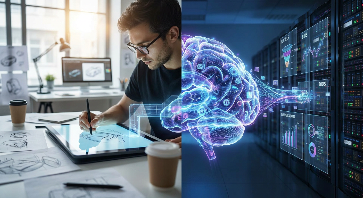 A human marketer designing creative concepts while an AI neural network manages campaign data