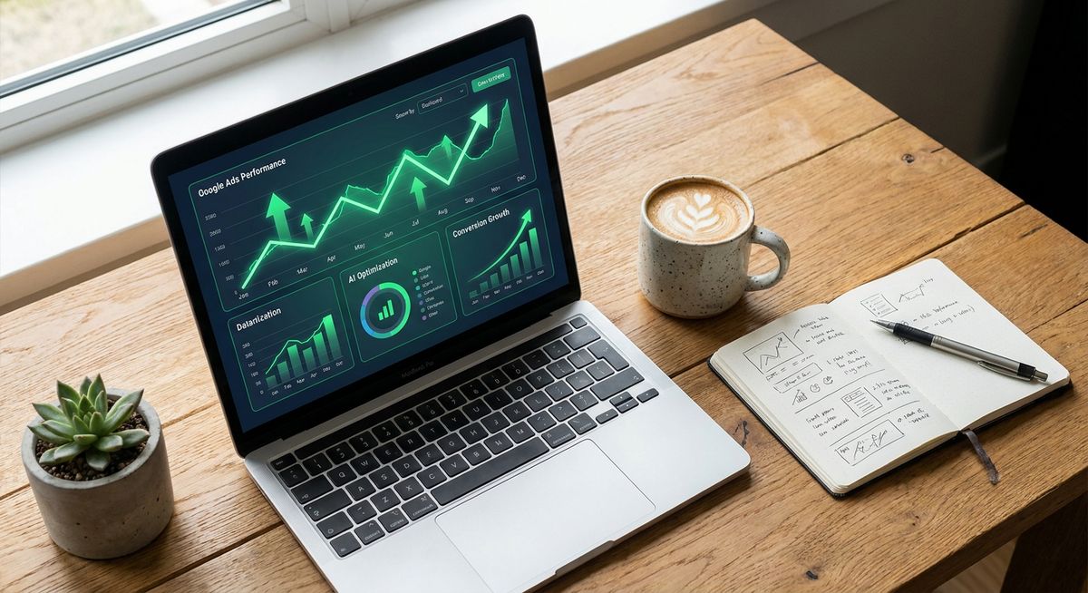 High-tech dashboard showing AI data nodes for local Google Ads success