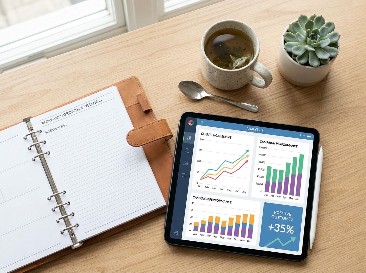 Modern counselor workspace with marketing automation analytics dashboard