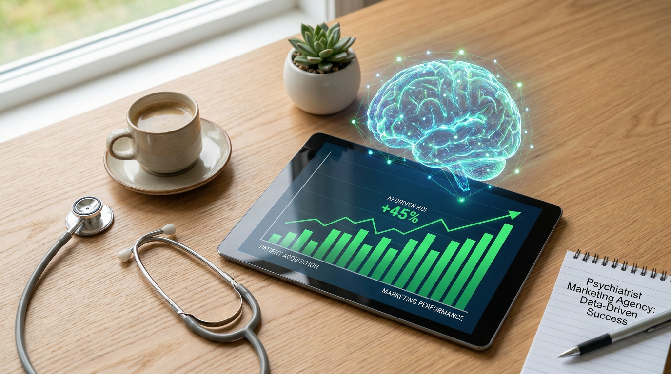 Top-down view of desk with digital tablet showing marketing ROI for psychiatric clinics