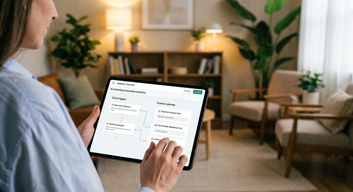 A mental health professional using a tablet with a digital marketing dashboard featuring email campaigns and automated content calendars.