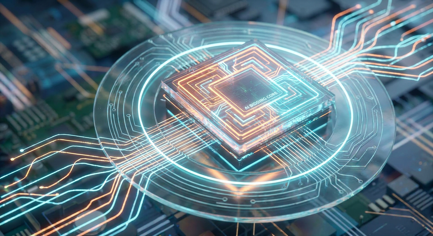 Glowing AI processor microchip seamlessly integrating with a glowing target bullseye