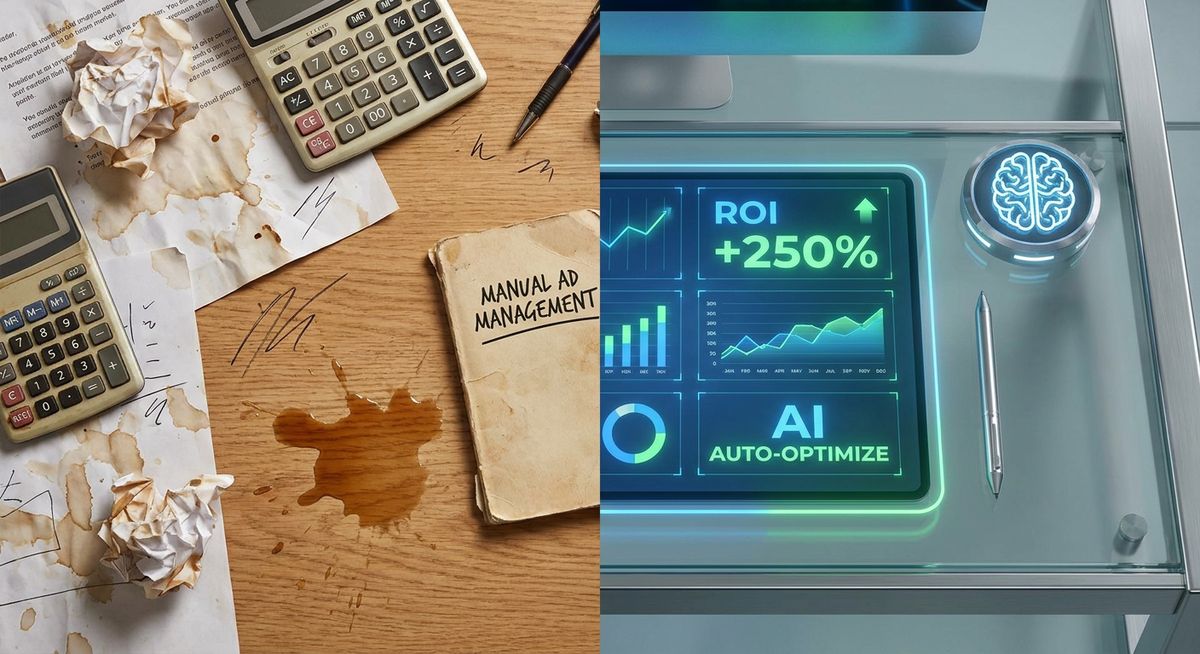 Manual Google Ads management versus AI-driven workflow dashboard