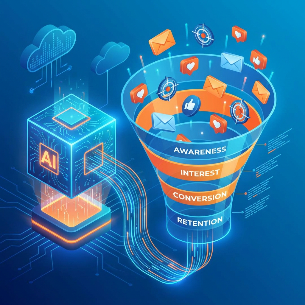 Conceptual 3D illustration of an AI marketing automation software for small business working seamlessly