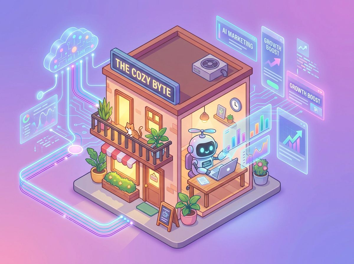 AI effortlessly handling digital marketing for a small business owner.