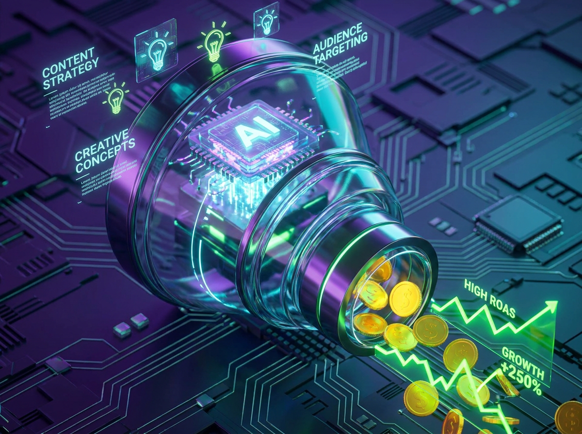 Futuristic data optimization funnel symbolizing high Return on Ad Spend driven by AI technology