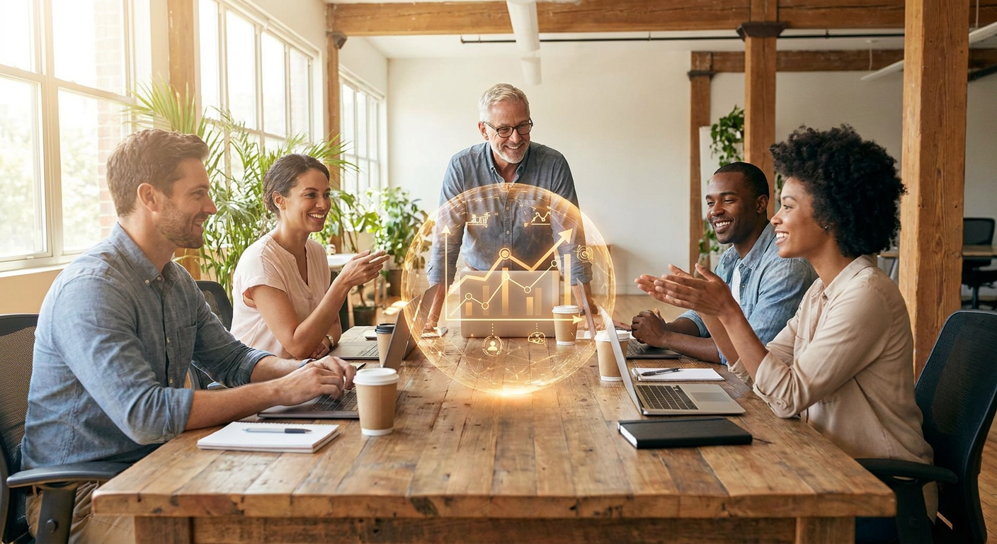 Diverse marketing team collaborating with AI hologram showing marketing synergy