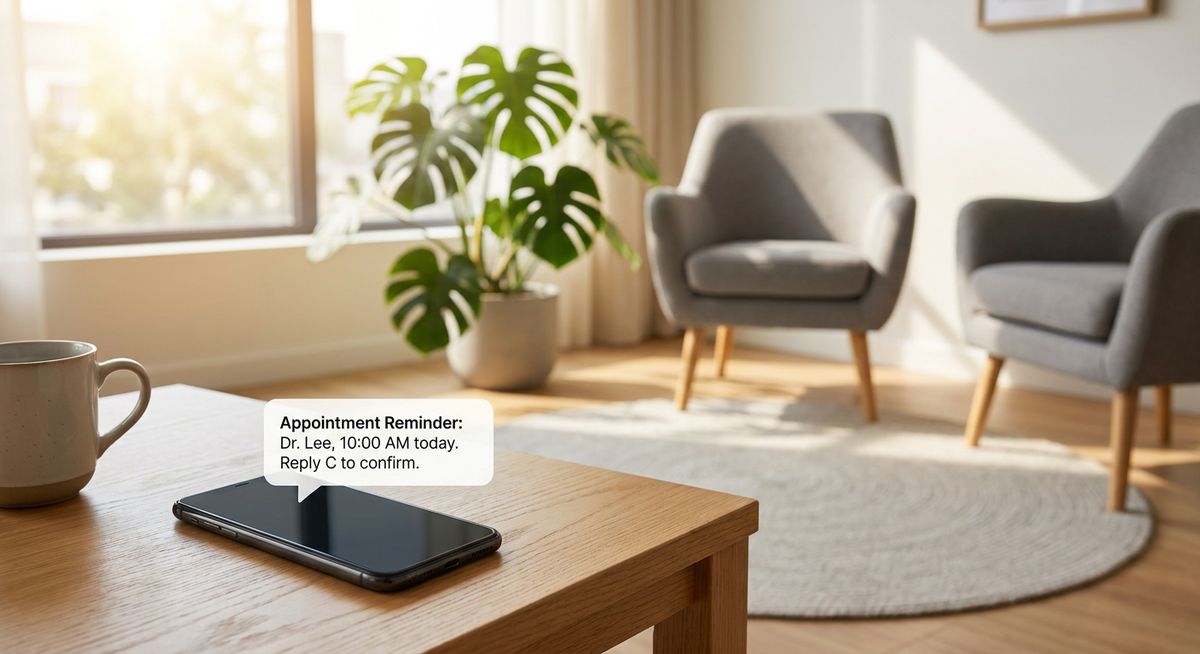 Automated appointment reminders on a smartphone in a modern therapist waiting room