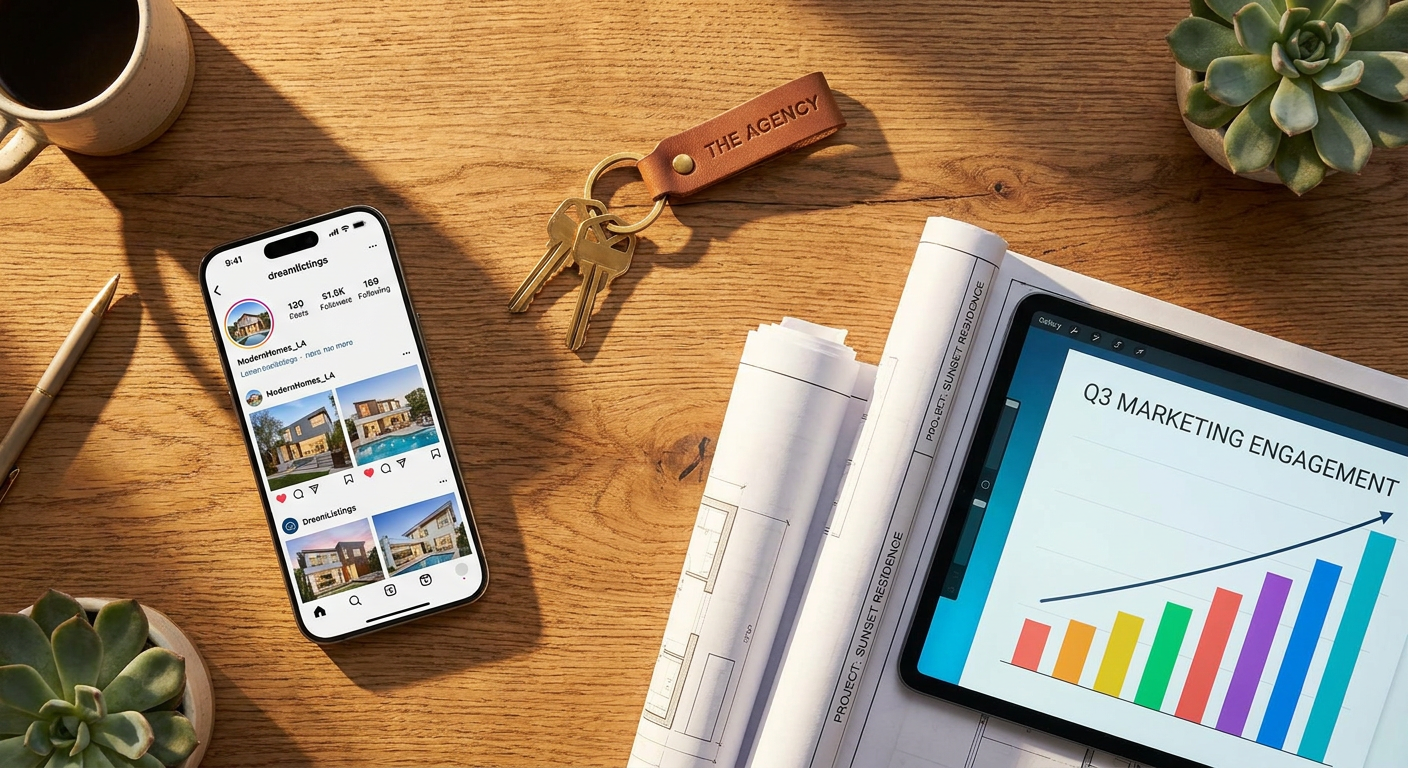 Realtor desk flat lay with smartphone, graphs, and keys