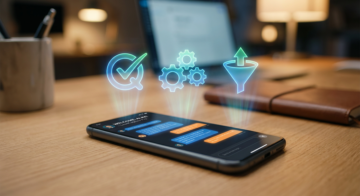 A sleek modern smartphone displaying a dynamic chat interface capturing qualified leads