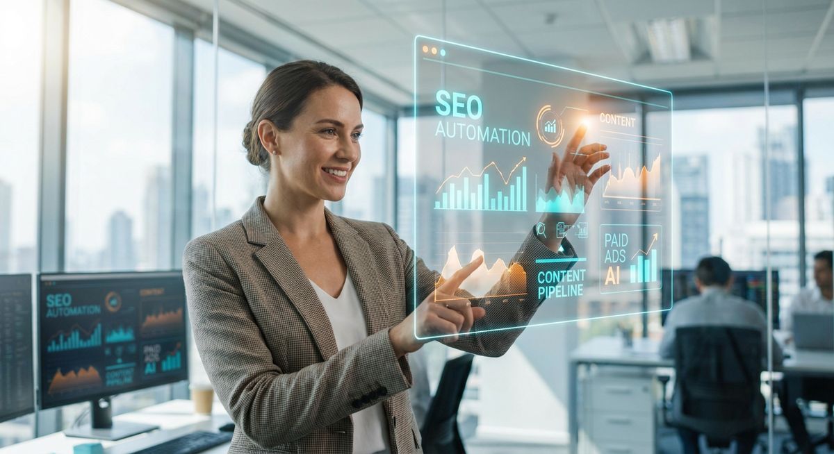 A confident female marketing director interacting with a sleek, automated AI marketing dashboard