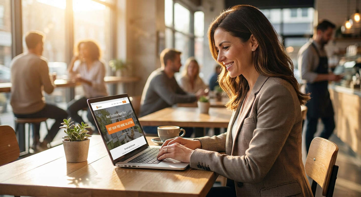 Real estate agent smiling at laptop showing a modern AI real estate landing page