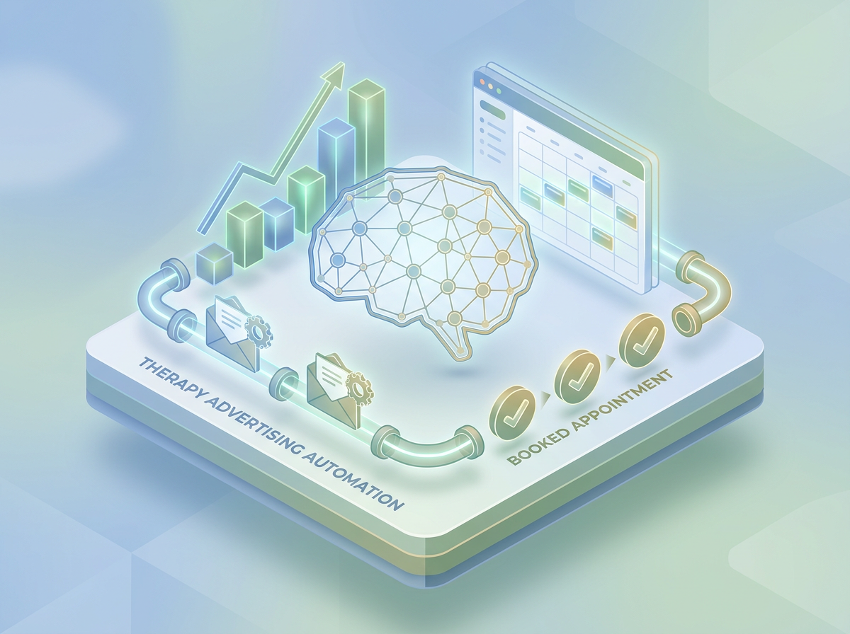 Conceptual 3D illustration of therapy advertising automation and AI lead nurturing pipeline