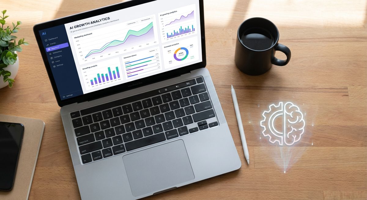 A top-down flat lay detail photography shot of a modern marketer's workspace with AI analytics