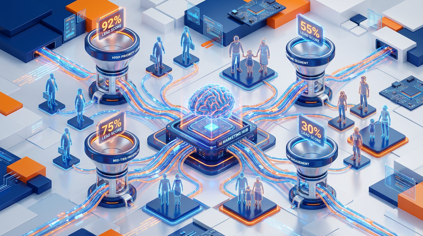 3D illustration of an artificial intelligence hub connecting to customer avatars for predictive lead scoring