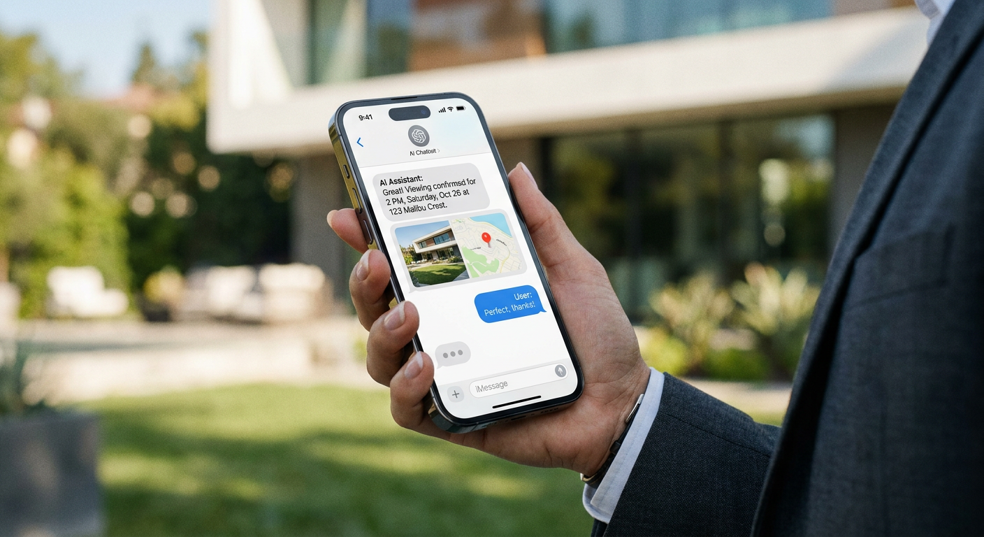 AI chatbot scheduling a property viewing on a smartphone for real estate marketing automation