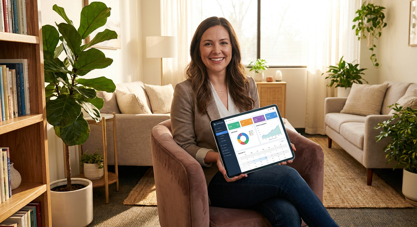 A mental health professional looking at a tablet displaying patient acquisition dashboards