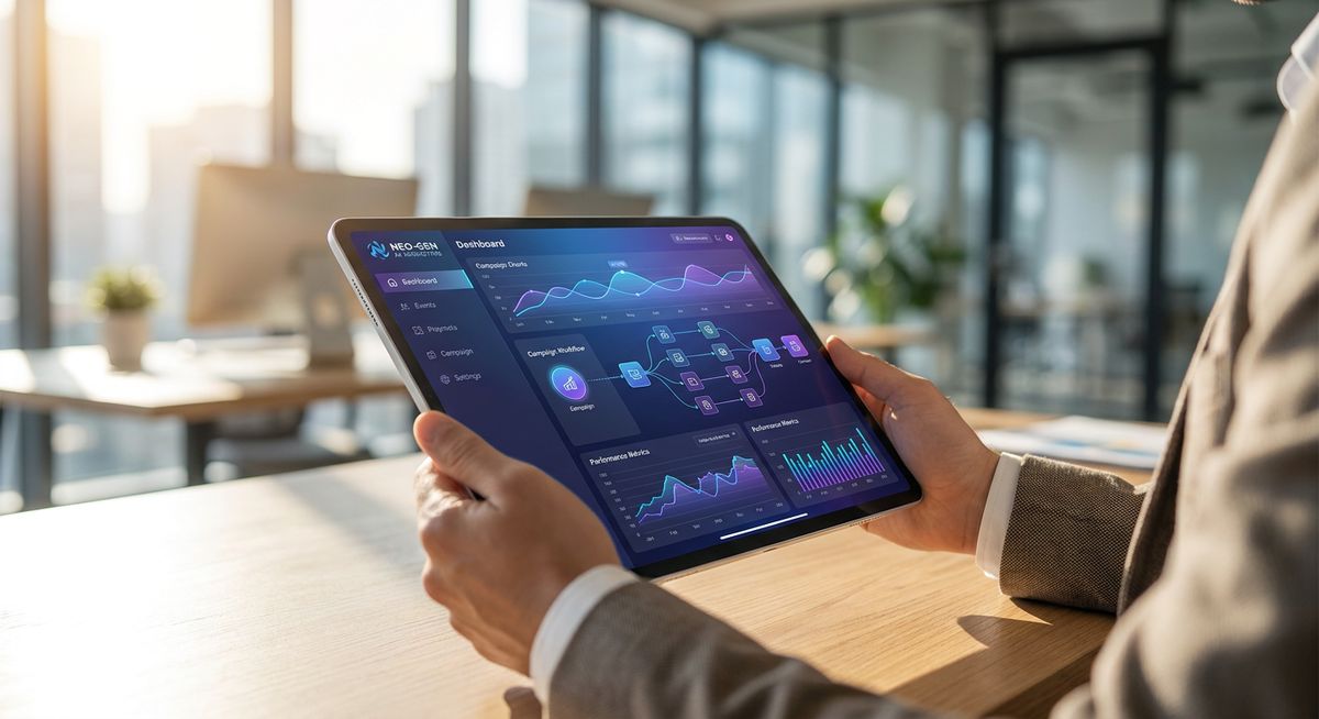 AI digital marketing software interface with automated campaign workflows
