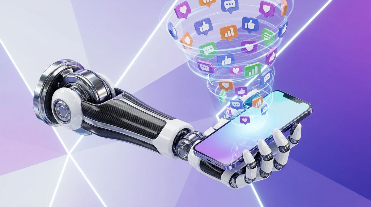 Dynamic 3D illustration of social media automation and AI tools
