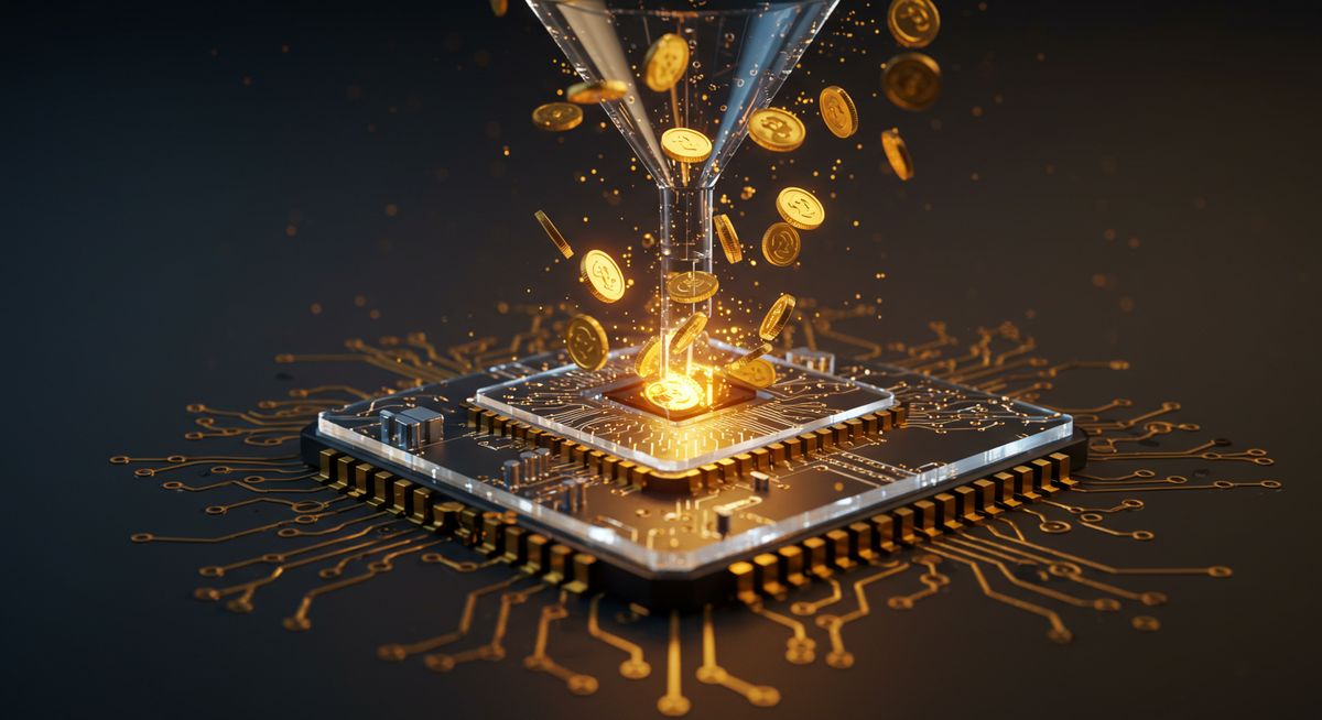 A stunning macro photography shot of a glowing AI microchip seamlessly integrated into a sleek metallic marketing funnel, symbolizing AI marketing automation ROI.