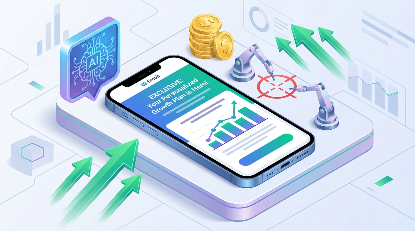 A modern isometric 3D illustration of a smartphone displaying a beautifully designed AI email campaign, surrounded by floating AI elements and profit arrows.